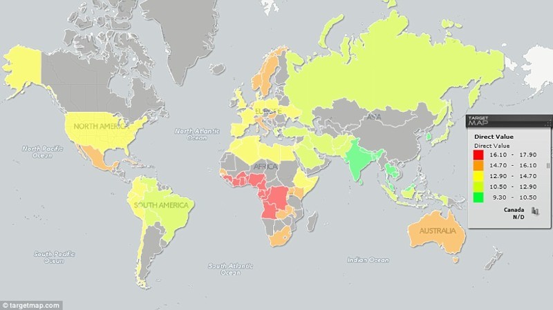 Сравнение стран по среднему размеру пениса в эрегированном состоянии (в см) 