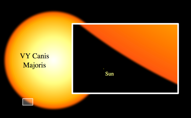 Но и наше солнышко - ничто по сравнению с звездой под названием VY Большого Пса, одной из крупнейших и ярчайших звёзд в нашей галактике.