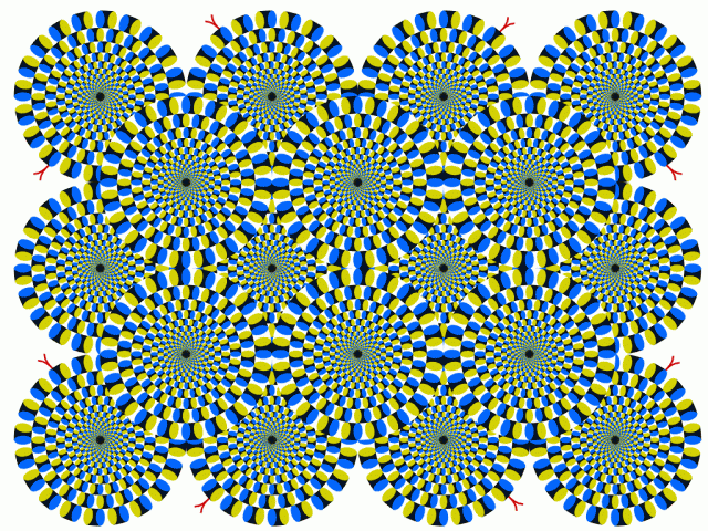 Используя геометрические фигуры, цвет и уровень яркости, можно создать движущуюся иллюзию. Это изображение на самом деле неподвижно, но наш мозг заставляет нас думать, что оно движется.
