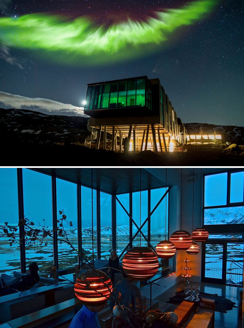 Бар с видом на северное сияние, отель Ion, Исландия 