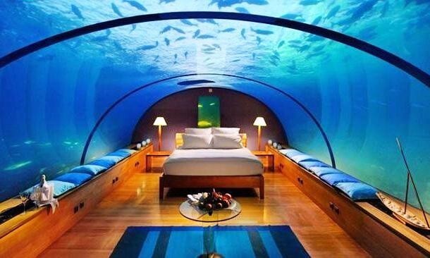 Гостиничный номер с плавающими над головой тропическими рыбами можно снять на Мальдивах