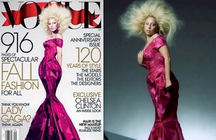 11. Леди Гага точно не такая! Тут уж отфотошопили все — от подбородка до талии. 