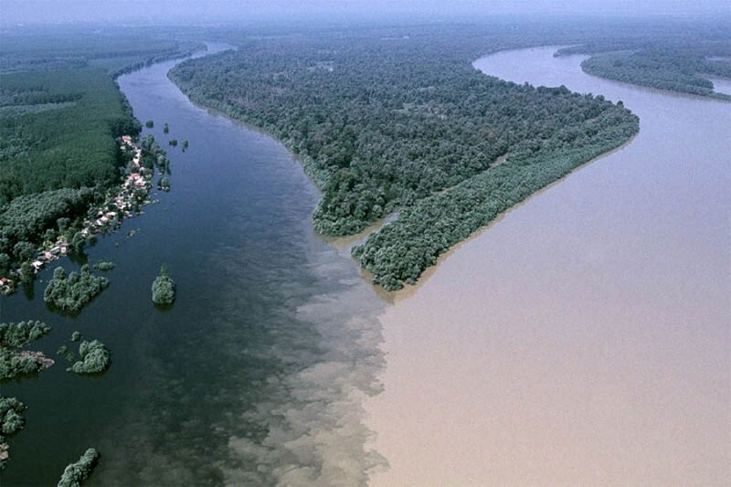 Слияние рек Драва и Дунай недалеко от города Осиек в Хорватии.