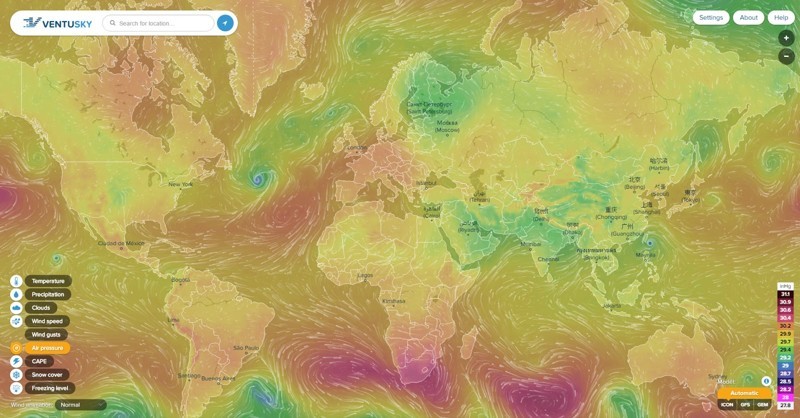 Визуализация погоды на Земле  .  ventusky.com