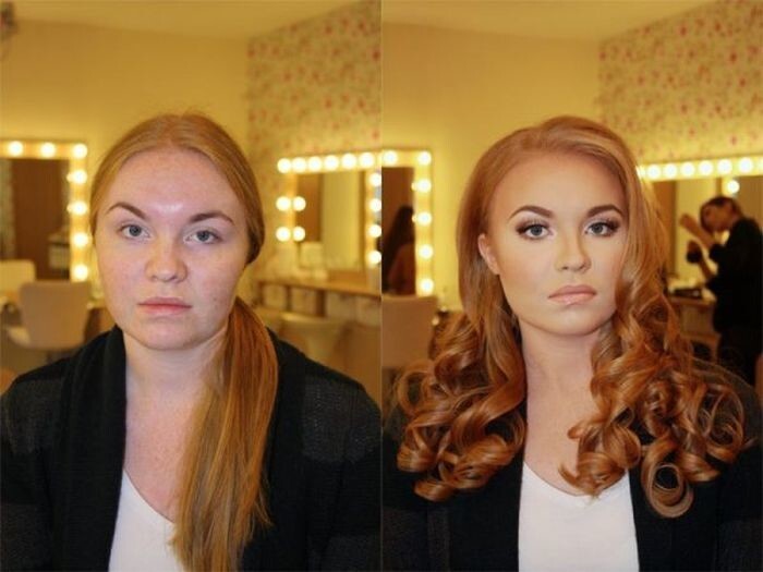 11.Девушка до и после макияжа и укладки.