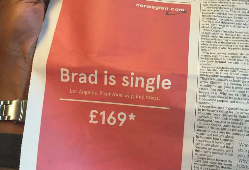 Реклама авикомпании "Бред свободен. Билеты в Лос-Анжелес по 169 фунтов".