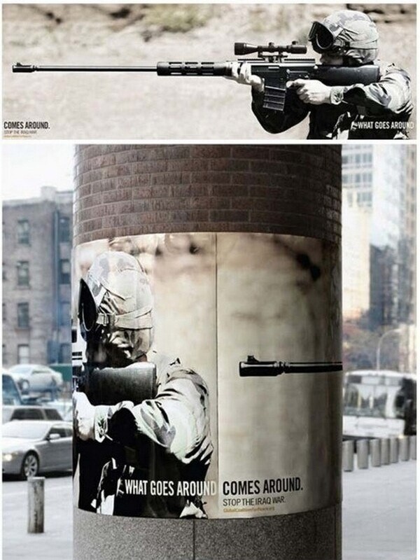 Американский плакат против войны в Ираке. Надпись на плакате: "Что посеешь, то и пожнешь" "what goes around comes around"