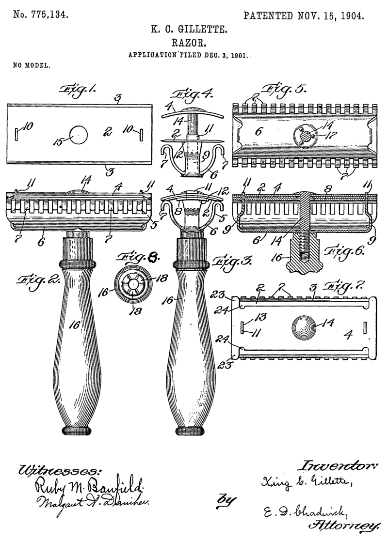 15 ноября 1904 года американец Кинг Кемп Жиллетт патентует бритву со сменными лезвиями