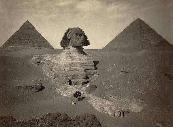 Частично раскопанный Великий Сфинкс из Гизы. Египет. Конец 19 века.