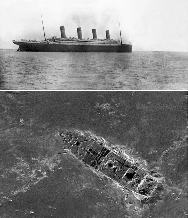 Титаник" уходит в свой первый и последний рейс.  Апрель 1912 года.  Вторая фотография  - носовая часть на дне Атлантического океана. Современное состояние.