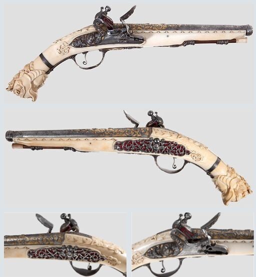 Кремневый пистолет с богатой резьбой из слоновой кости,  конец 17-го века. 