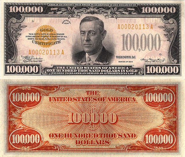 •	Президент Вудро Вильсон (англ. Woodrow Wilson) — на банкноте в $100 000.