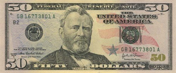 6.	18-й президент США и герой гражданской войны Улисс Грант (англ. Ulysses Grant) — на банкноте в $50.