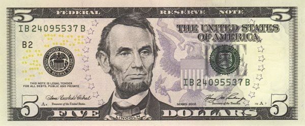 3.	16-й президент США, победитель в войне Севера и Юга, Авраам Линкольн (англ. Abraham Lincoln) — на банкноте в $5.
