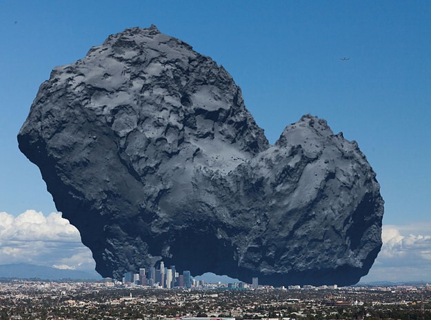 Между планетами находится огромное количество комет. Представим себе такую крошку-комету. Вот как она выглядит на фоне Лос-Анджелеса.