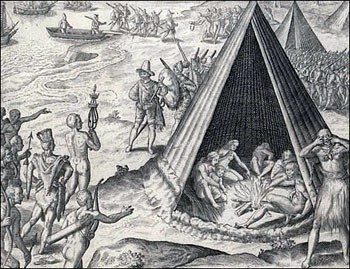 Высадка Френсиса Дрейка в Калифорнии (гравюра Теодора де Бри, 1590 год)