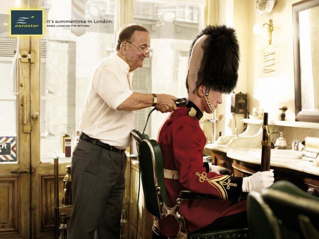 Летняя прическа британских гвардейцев в рекламе поездов Eurostar.