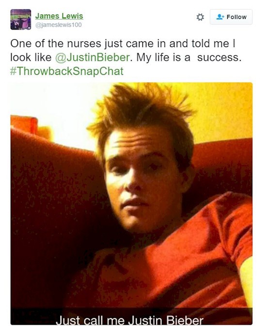 1. "Только что одна из медсестёр зашла и сказала, что я похож на Джастина Бибера. Жизнь удалась".