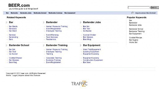 Beer.com $7 миллионов Домен был продан в 2004 году. Он содержит только ссылки на все что связано с пивом и барами..