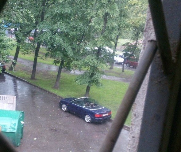 Девушка припарковала свой кабриолет и удалилась. А через некоторое время пошел дождь. Какая неожиданность, ведь дело происходило в Санкт-Петербурге