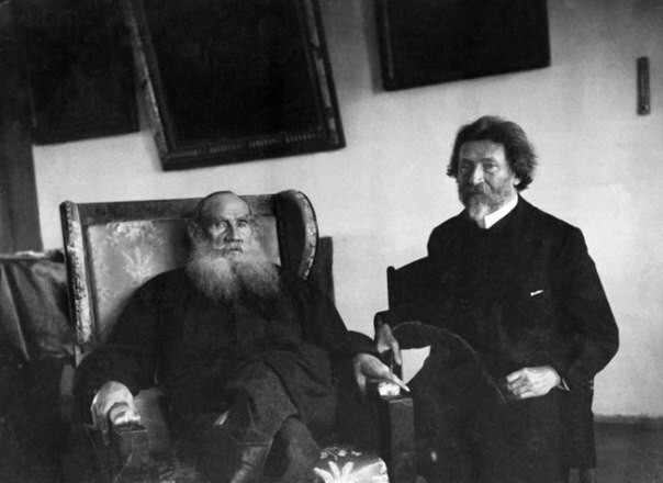 Лев Толстой и Илья Репин в Ясной Поляне, 1908 г