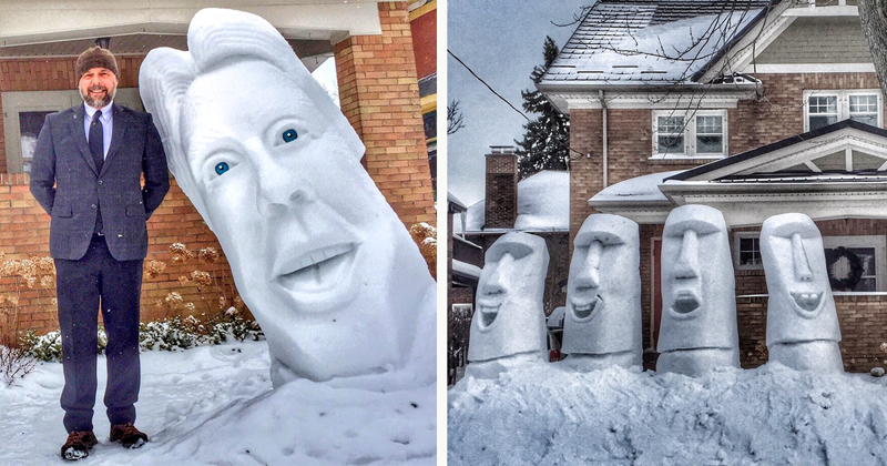 Мужчина лепит из снега 2-метровые снежные скульптуры во дворе своего дома  