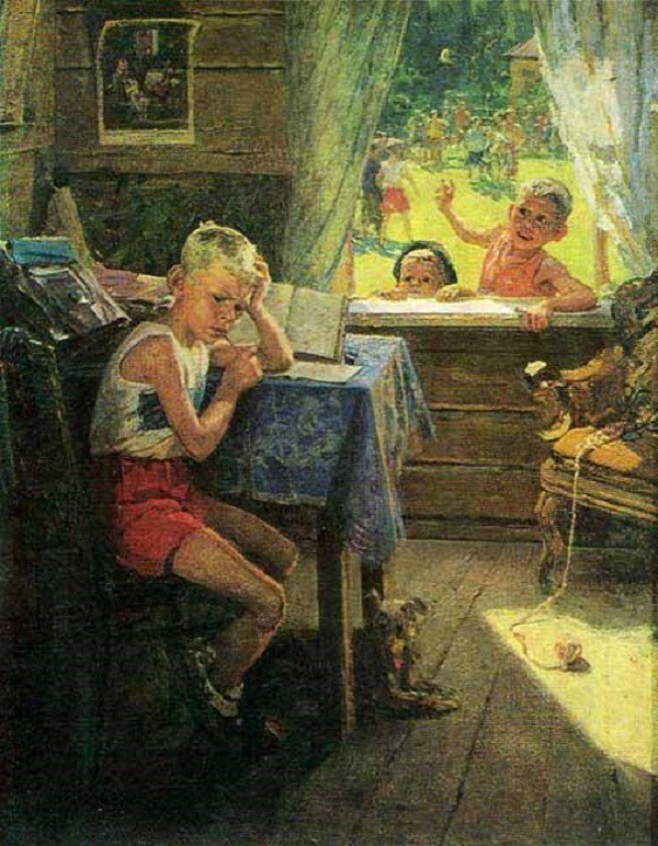 3. Третья часть - "Переэкзаменовка". Сельский дом, лето, все гуляют, один злостный неуч, проваливший годовой экзамен, вынужден сидеть в четырёх стенах и зубрить. В левом верхнем углу видна картина "Опять двойка".