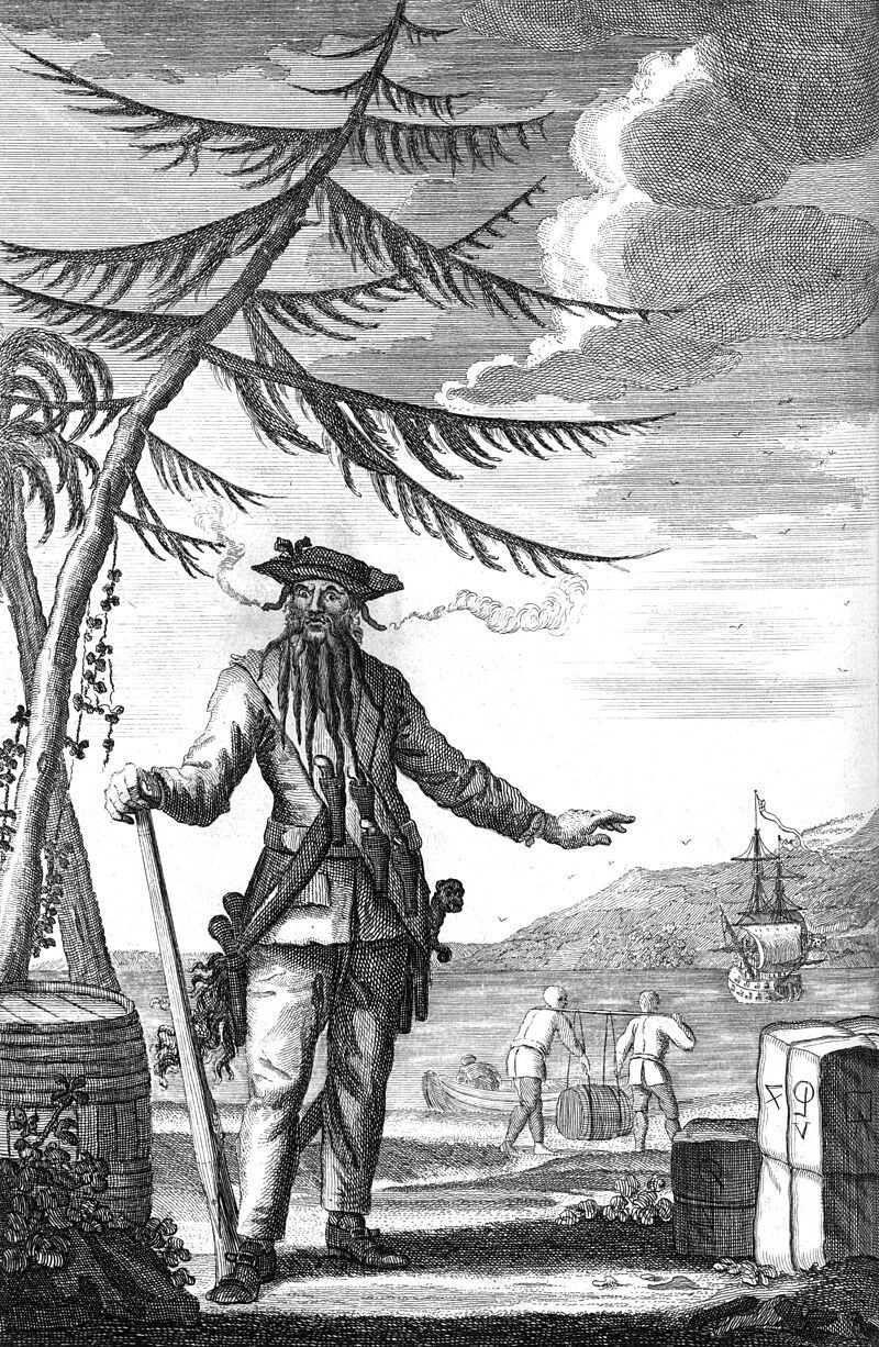 Чёрная Борода, иллюстрация из книги "Капитан Тич, он же Чёрная Борода" (1736)