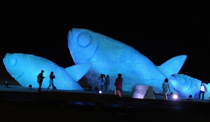 Во время конференции ООН по устойчивому развитию "Рио+20", проходившей в 2012 году, художник создал этих гигантских рыб из пустых пластиковых бутылок, призывая задуматься о загрязнении окружающей среды.