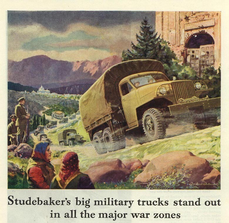 На американских рекламах военных лет частенько пытались изобразить Studebaker на фоне то ли русских, то ли среднеазиатских пейзажей.