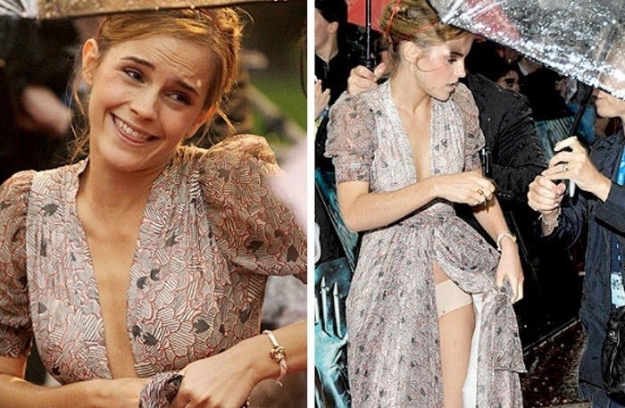 На премьере «Гарри Поттер и Принц-полукровка» Эмма Уотсон, пытаясь не намочить платье во время дождя, случайно показала нижнее белье.