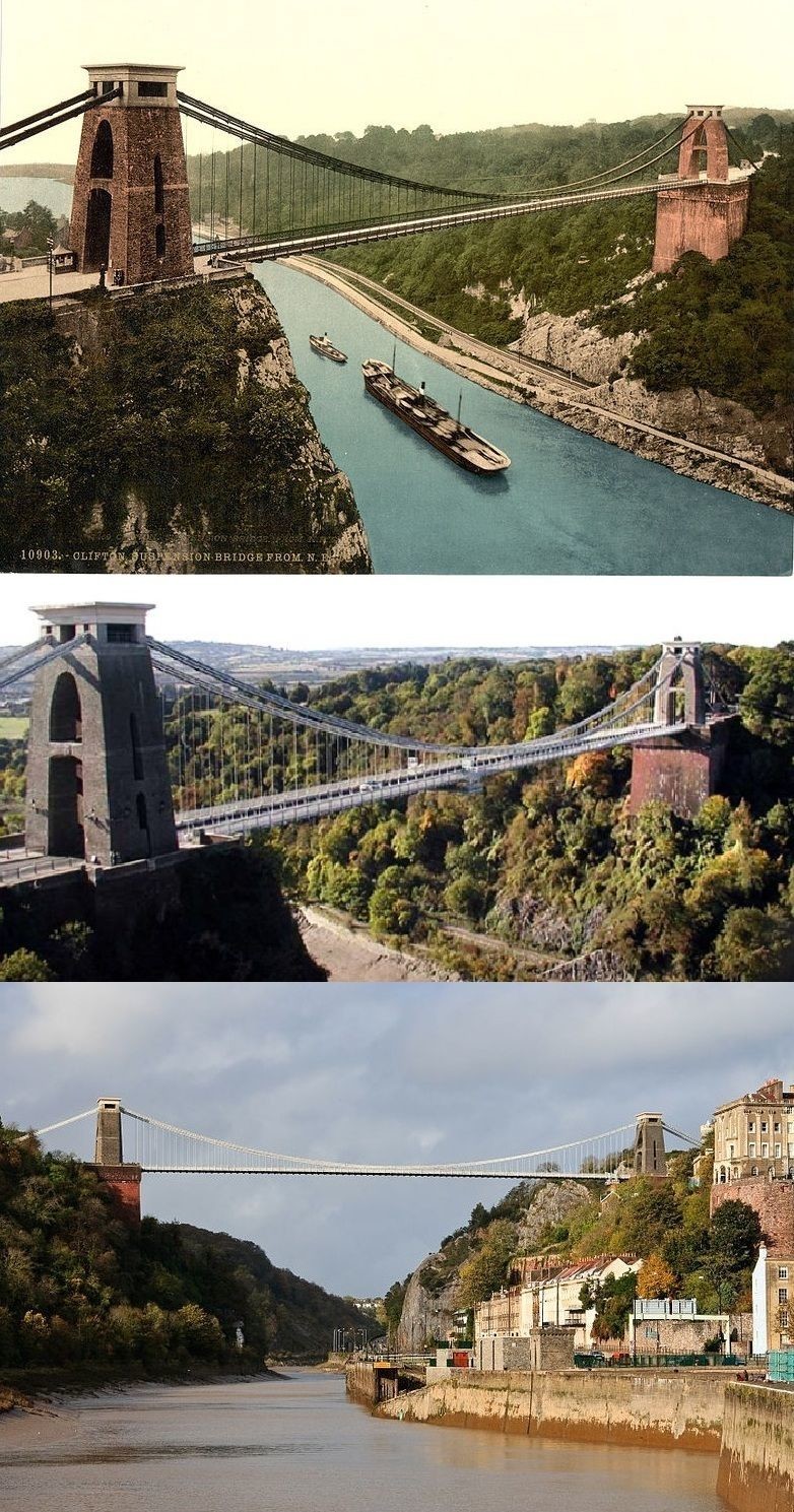Клифтонский подвесной мост. Один из красивейших мостов Британии. Вверху старинная раскрашенная открытка. Ниже современное фото. Интересно, что первый банджи-прыжок в мире был сделан с именно этого моста в 1979 году с высоты более 76 метров.