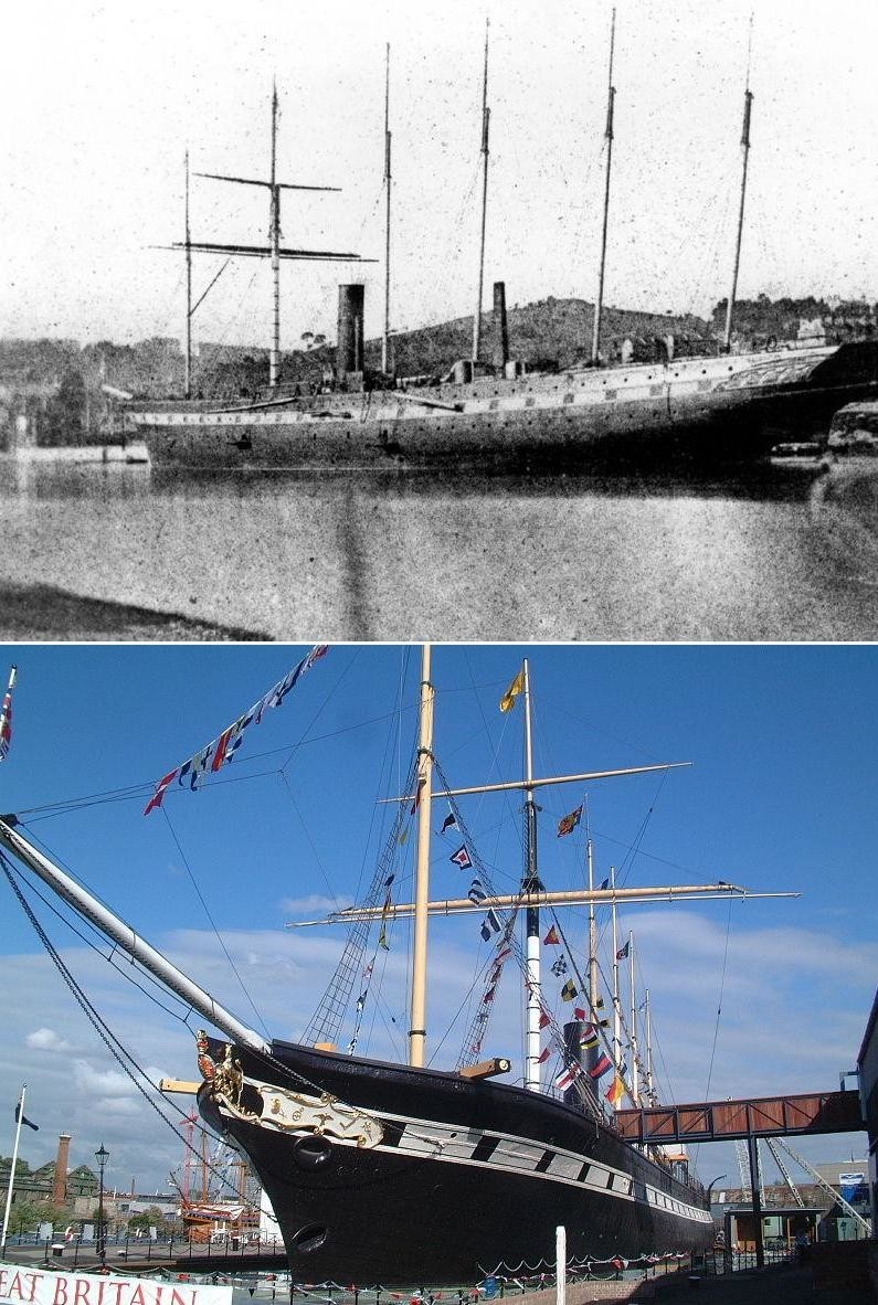 "Грейт Бритн". Самый первый полностью железный и первый винтовой океанский параход. Самое большое судно в мире в свое время. Вверху одна из первых фотографий корабля. Ниже "Грейт Бритн" – плавучий музей в Бристольской гавани. Современное фото.