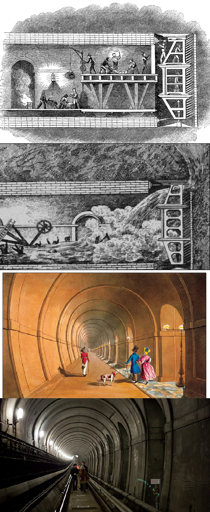 Cтроительство тоннеля.  Наводнение-катастрофа. Тоннель вскоре после открытия. Современный вид тоннеля (одна из веток лондонского метро)