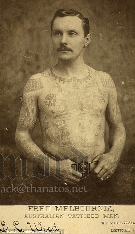 Фред Мельбурния попал в «шоу фриков» в 1887 году благодаря своим татуировкам