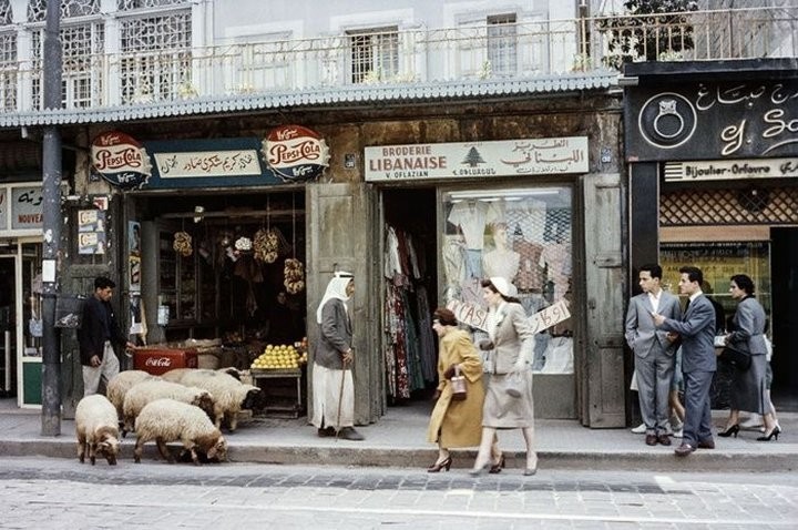 Пастух ведет овец на улице Жорж Пико в Бейруте, 1957 год, Ливан 