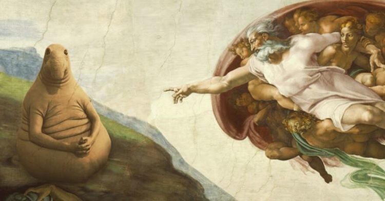 7. "Ждун" в роли Адама на фреске Микеланджело "Сотворение Адама"