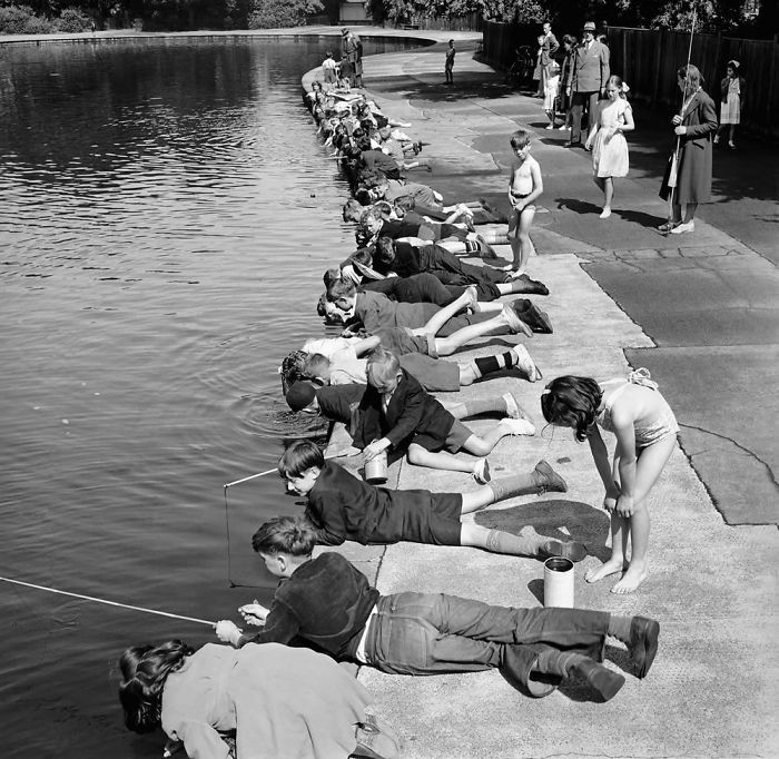 36. Дети на рыбалке, Парк Виктории, Лондон, 1953 год