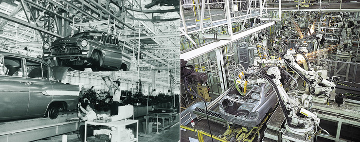 Почувствуйте разницу. Слева конвейер завода Toyota 60-х годов — людей в цеху совсем немного... А справа современный сборочный цех японской фирмы — людей нет совсем, одни лишь роботы.