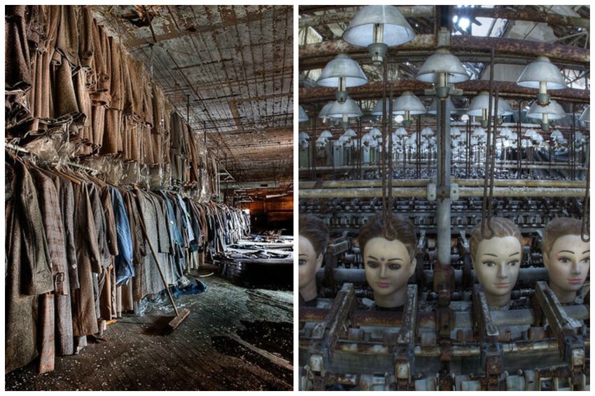 Заброшенные фабрики - одежда и куклы. Все оборудование осталось на месте и вот уже который десяток лет медленно угасает, внушая ужас..