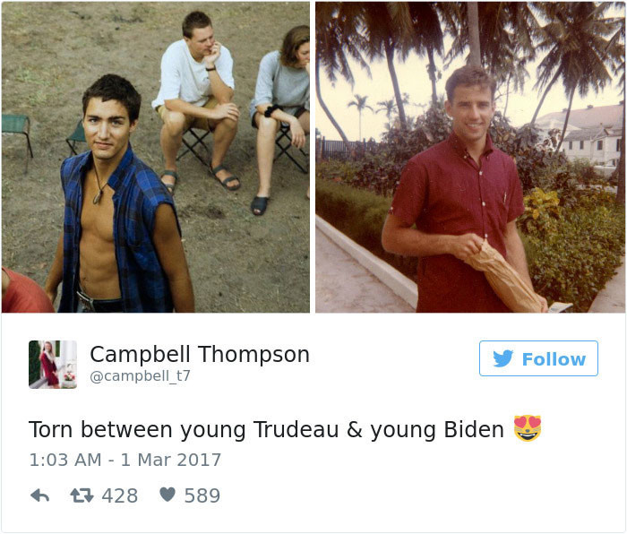 Неудивительно, что эти неизвестные юношеские снимки нынешнего премьер-министра Канады стали интернет-сенсацией! Правда, в глазах американок он делит титул секс-символа с молодым Джо Байденом, бывшим вице-президентом США