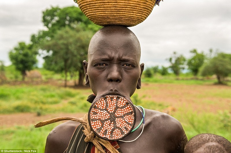Женщина африканского племени Мурси (Долина Омо, Эфиопия) демонстрирует свой губной диск - доказательство женской зрелости и сигнал к тому, что она готова рожать детей 