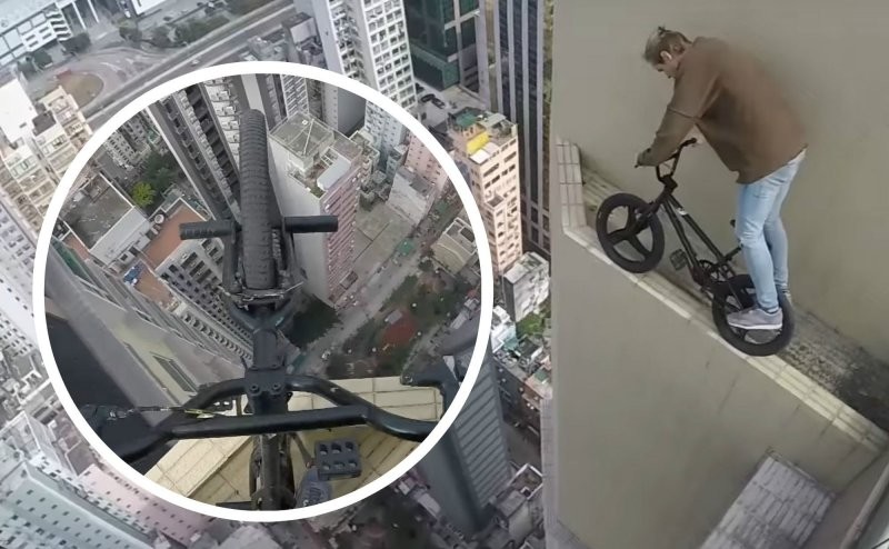 Российский руфер на велосипеде покорил небоскреб в Гонконге