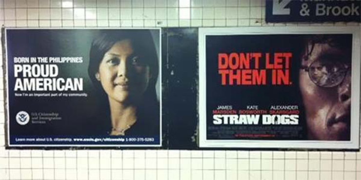 Слева социальная реклама, девушка с текстом - "Родилась на филлипинах, и горда быть Американкой". Справа реклама фильма, текс - не дайте им прийти.