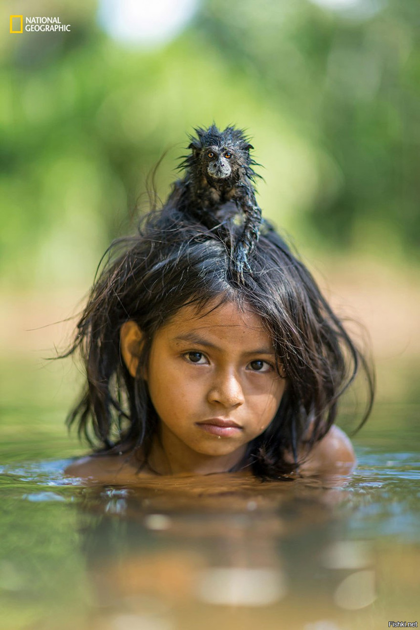 Перуанская девочка и её домашний тамарин купаются в реке