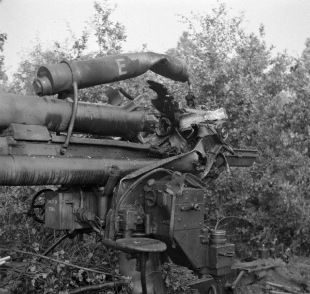 Разбитая немецкая 88-мм зенитная пушка FlaK 36 в лесу у голландского городка Алст. 1944 год. 