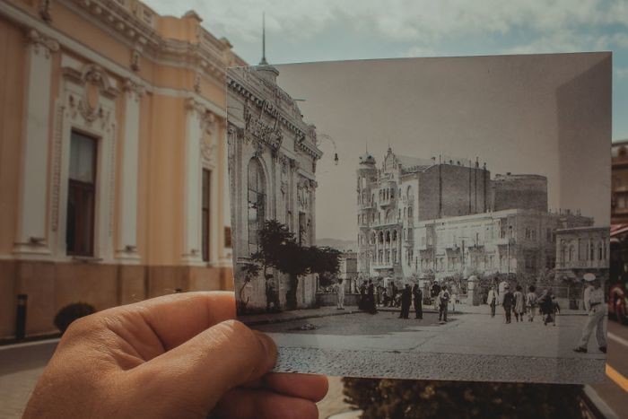 Исторические фото на фоне современных мест