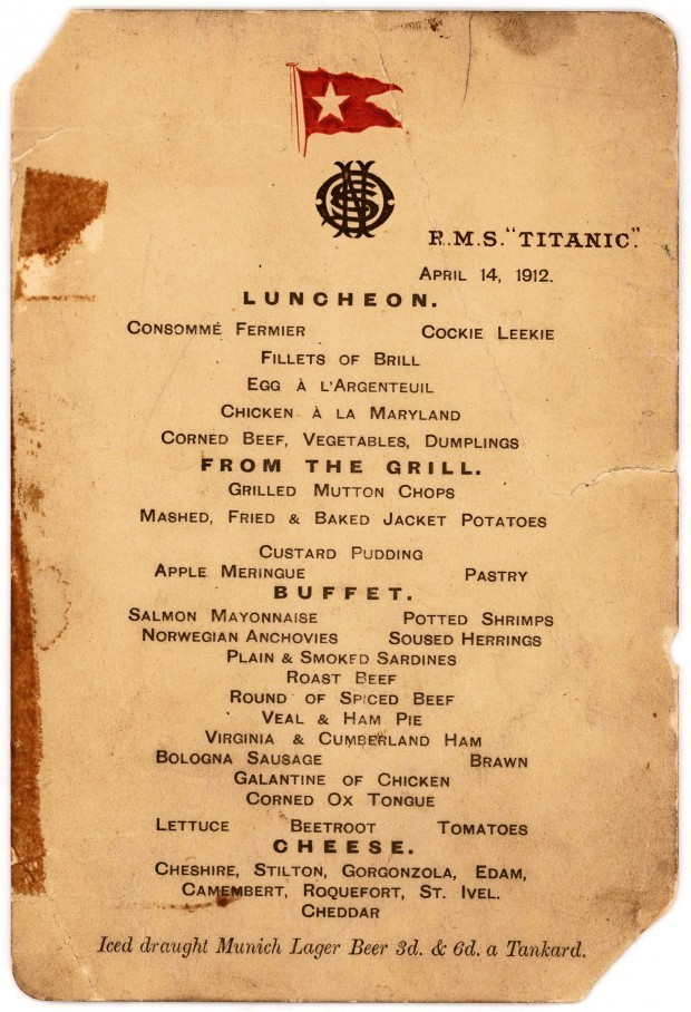 Меню последнего ланча на «Титанике» продано за 88 тысяч долларов 