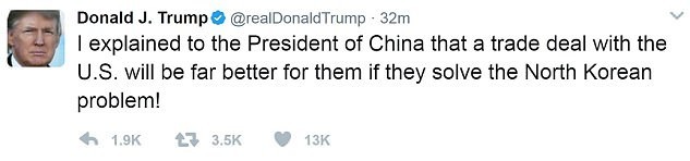"Я объяснил президенту Китая, что торговое соглашение с США будет намного лучше для них, если они решат проблему Северной Кореи!", - написал президент США в Twitter   