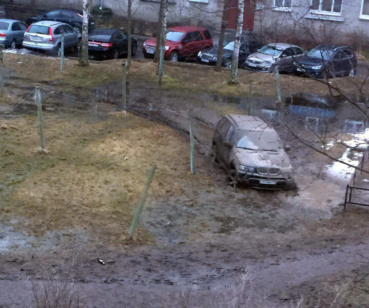 В Петергофе водитель BMW заехал на газон и застрял